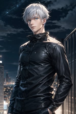 1man, gojo satoru in anime jujutsu, short hair , white hair, blue light eyes, handsome, beautiful eyes, black clothes, realistic clothes, detail clothes, Above tall buildings, night cityscape, city background, ultra detail, realistic