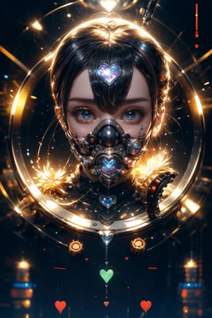 Topic prompts "Atomic heart, Mechanical girl" as follows: Atomic heart,Mechanical girl,With a glass mask,(((Glassy mask))),Shiny metal skin,Mechanical body parts,Mechanical gears and gears, [Meticulous, Surgical precision],Cyberpunk style background,Science fiction art style,Vibrant colors,High-res,Ultra-detailed,Realistic lighting effects,Bokeh.