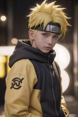 Hyperrealistic art cinematic photo n4rut0, 1boy, (facial mark), solo, whisker markings, forehead protector,spiked hair, (yellow hair),looking at viewer, blue eyes, Streetwear Hoodie, (konohagakure symbol), short yellow hair, long sleeves, ninja,  . 35mm photograph, film, bokeh, professional, 4k, highly detailed . Extremely high-resolution details, photographic, realism pushed to extreme, fine texture, incredibly lifelike