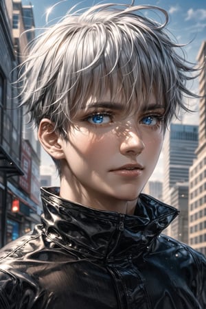 1man, gojo satoru in anime jujutsu, short hair , white hair, blue light eyes, handsome, beautiful eyes, black clothes, realistic clothes, detail clothes, city background, ultra detail, realistic