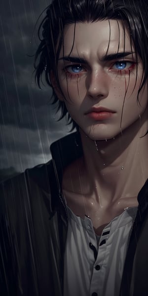 (neon lights, red light), night, rain, wet hair, ((rain drops on his face)), (looking to the sky), melancholic, extremely detailed, perfect composition, masterpiece 8k wallpapper,1male,Eren Jaeger, black hair, scars below the eyes 