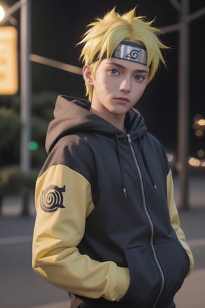 Hyperrealistic art cinematic photo n4rut0, 1boy, (facial mark), solo, whisker markings, forehead protector,spiked hair, (yellow hair),looking at viewer, Blue eyes, Streetwear Hoodie, (konohagakure symbol), short yellow hair, long sleeves, ninja,  . 35mm photograph, film, dinamic lighting, vivid colours, bokeh, professional, 4k, highly detailed . Extremely high-resolution details, photographic, realism pushed to extreme, fine texture, incredibly lifelike,Realism