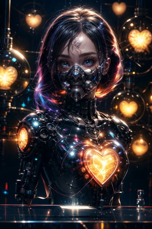 Topic prompts "Atomic heart, Mechanical girl" as follows: Atomic heart,Mechanical girl,With a glass mask,(((Glassy mask))),Shiny metal skin,Mechanical body parts,Mechanical gears and gears, [Meticulous, Surgical precision],Cyberpunk style background,Science fiction art style,Vibrant colors,High-res,Ultra-detailed,Realistic lighting effects,Bokeh.