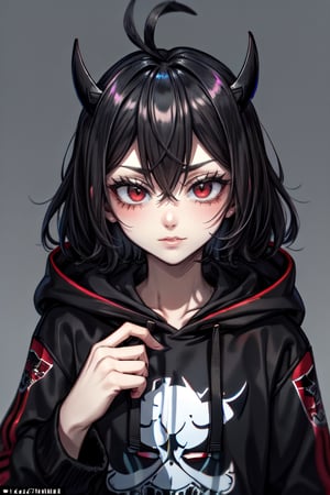 Nero's appearance was a perfect representation of her personality - cute yet bitchy, black Hoodie, with a hint of devilishness. Her short black hair and bright red eyes were just the beginning, as her devil horns added a touch of danger to her already captivating look.,secre swallowtail