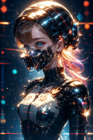 Topic prompts "Atomic heart, Mechanical girl" as follows: Atomic heart,Mechanical girl,With a glass mask,(((Glassy mask))),Shiny metal skin,Mechanical body parts,Mechanical gears and gears, [Meticulous, Surgical precision],Cyberpunk style background,Science fiction art style,Vibrant colors,High-res,Ultra-detailed,Realistic lighting effects,Bokeh.