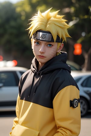 Hyperrealistic art cinematic photo n4rut0, 1boy, (facial mark), solo, whisker markings, forehead protector,spiked hair, (yellow hair),looking at viewer, blue eyes, Streetwear Hoodie, (konohagakure symbol), short yellow hair, long sleeves, ninja,  . 35mm photograph, film, dinamic lighting, bokeh, professional, 4k, highly detailed . Extremely high-resolution details, photographic, realism pushed to extreme, fine texture, incredibly lifelike,Realism