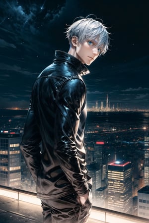 1man, gojo satoru in anime jujutsu, short hair , white hair, glowing blue light eyes, handsome, beautiful eyes, black clothes, realistic clothes, detail clothes, Above tall buildings, night cityscape, city background, ultra detail, realistic