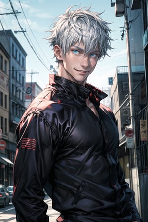 1man, gojo satoru in anime jujutsu, short hair , white hair, blue light eyes, handsome, beautiful eyes, smile, black clothes, realistic clothes, detail clothes, city background, ultra detail, realistic