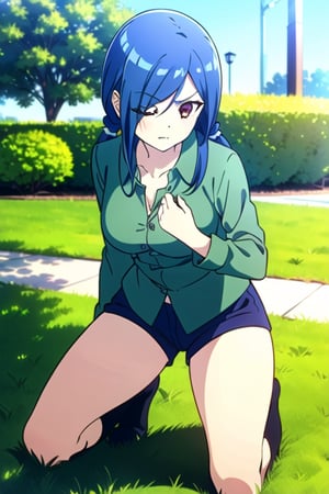 ((masterpiece, best quality)), (1girl), Blue hair , long hair, low twintails, one eye closed, scar across eye, scar on face, ((green semiopen shirt)), short shorts, solo, purple eyes, hair over one eye, kneehighs, (thick thighs), serious, breast, outdoors, kneeling, nice legs, long sleeves