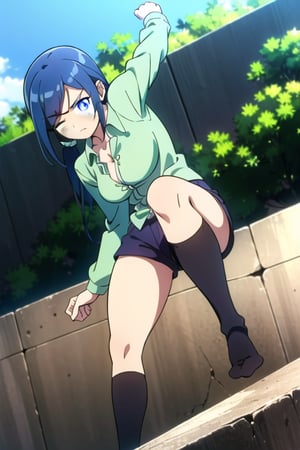 ((masterpiece, best quality)), (1girl), Blue hair , long hair, low twintails, one eye closed, scar across eye, scar on face, ((green semiopen shirt)), short shorts, solo, purple eyes, hair over one eye, kneehighs, (thick thighs), serious, breast, outdoors, fight pose, nice legs, long sleeves