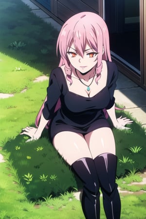 ((masterpiece, best quality)), pink hair, ((minidress)), solo, orange eyes, (thick legs), smug, isukeinukai, outdoors, thigh boots, (painted lips), restaurant, sitting, necklace, black dress, black boots, view from above , 