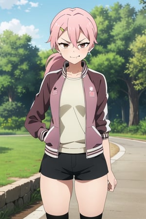 ((masterpiece, best quality)), benisumomo, brown eyes, 1girl, solo, pink hair, long hair,  (breasts), white  kneehighs, ((black track jacket)), hairclip, hair between eyes, (thick thighs), eyelashes, outdoors, short shorts, ((smug)), figthing pose, (pony tail, alternate hairstyle)