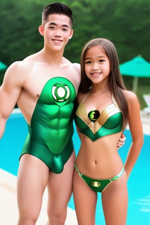 2 jovencitos de 16 años hermoso, de rasgos finos, usando un micro bikinis de la armadura de Green Lantern  fondo de piscina 