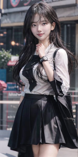 (masterpiece), best quality, high resolution, highly detailed, detailed background, perfect lighting,perfect face, 1girl, black hair, long hair,  slender, amusement park , lips smile, standing, blush,full_body,school uniform, short skirt,bae suzy,big natural breast,