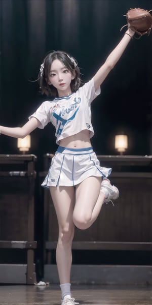 A beatiful Asian girl taeyeon with short hair is dancing like a dancing machine, graceful and peaceful, detailed features, beautiful eyes, detailed long lashes, contrast, (natural skin texture), hyperrealism,  colored skin, spread leg , beutiful eyes, detailed eyes,full body, cheerleader,short top,baseball park, daytime,sneakers, standing up, black hair, slender, taeyeon,realhands,