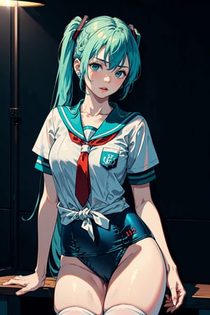 (hatsune miku) (Best quality, 8k, 32k, Masterpiece, UHD:1.2), (realistic:1.5), (masterpiece, Extremely detailed CG unity 8k wallpaper, best quality, highres:1.2), (ultra detailed, UHD:1.2),  
1girl, serious emotion, cyan eyes, :p, 
BREAK
a extremely cute and beautiful Japanese female bodybuilder, (mahogany straight thin hair:1.2), 1girl, solo, adult, (detailed beautiful girl:1.4), ((perfect female body)), (narrow waist:1.05), slender, abs, (large breasts:1.35), 
BREAK
white shirt, (sailor collar:1.2), (red tie:1.3), (wear white school uniform top over school swimsuit:1.2), (shut shirt front), (white shirt covers the bosom of the swimsuit:1.1), (short sleeves:1.1), (blue one-piece swimsuit:0.7), (white thighhighs:1.2), loafers,
BREAK, (hatsune miku)
professional lighting, moody lighting, ,MARIN KITAGAWA