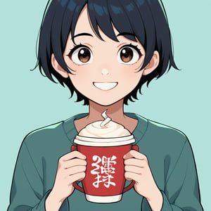 score_9, score_8_up, score_7_up, source_cartoon, 
short hair, 22 year old, smile, cute face, looking at viewer,1girl, solo, holding coffe cup, 
upper body, flat background, flat color, Cute Cartoon