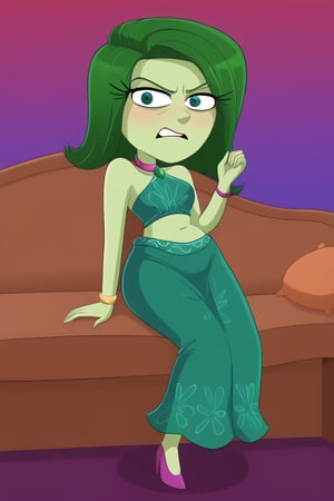 A young adult cartoon heroine with stylized artstyle and green features: hair, eyes, and dress - lounging on a couch in a harem outfit, looking directly at the viewer with a hint of disgust. Her body language exudes relaxation, but her facial expression betrays a sense of distaste. The surrounding atmosphere is playful, with cakes and treats scattered around her. Notice the prominent feature of her bloated belly, stuffed to the point of sagging, as if she's indulged in too many sweet treats.
disgustSDXL,1girl, green eyes, green hair, green dress, green skin, 
