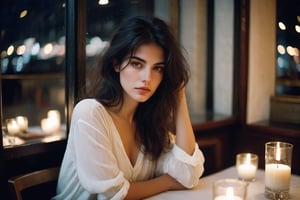 create a beautiful woman in a french restaurant at night , calm, (no expression),natural colours, long black hair,messy hair, short hairs, 22 years old, natural skin, extremely detailed,photo r3al,aesthetic portrait, wide shot,(cinematic),no teeth, no sun, in a white blouse, ((night)), warm string lights, candle light, 35mm, voguemagazine, film, newyorkcity