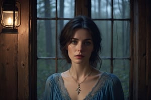 A photoreal portrait of a lonely woman who lost her lover. She has dark hair, pale skin, blue eyes, and tears. She wears a blue dress and a bird necklace. She is in a cabin in the woods, holding a lantern and looking out the window. She sees stars that remind her of him. She wants to escape from her pain. The portrait shows her emotions and story , waiting for someone, melancholic, sad, crying the night before, natural colours, long black hair,messy hair, short hairs, 30 year old, natural skin, extremely detailed,photo r3al,aesthetic portrait, wide shot,(cinematic),no teeth, no sun, in a white blouse, ((night)), warm string lights, candle light, chandelier, 35mm, vogue magazine, film, paris