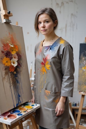 woman wearing a semi nude painters smock covered in paint in a artist studio painting a picture, It's November. The autumn flowers may have gone, but not those in her heart, masterpiece, delicate and sad face, gloomy,puddle,natural skin,blemishes,no makeup,