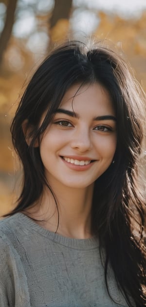 create a beautiful woman , calm mood, perfect lighting, natural colours, long black hair,messy hair, short hairs, 20 years old, natural smile, extremely detailed,photo r3al,aesthetic portrait, medium shot,(fall fashion)