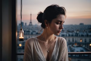 A photoreal portrait of a lonely woman who lost her lover. She has dark hair, pale skin,tears. She wears a bird necklace. She is in a rooftop apartment in the city, holding a smartphone and looking out the window. She sees skyscrapers that remind her of him. She wants to escape from her pain. The portrait shows her emotions and story , waiting for someone, melancholic, sad, crying the night before, hiding her pain, she has been drinking, natural colours, black hair,messy bun, brown eyes, 30 year old, natural skin, extremely detailed,photo r3al,aesthetic portrait, (wide shot),(cinematic),no teeth, no sun, in a white blouse, ((night)), warm string lights, candle light, chandelier, 35mm, vogue magazine, film, paris