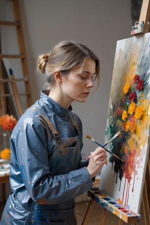 woman wearing a painters smoch covered in paint in a artist studio painting a picture, It's November. The autumn flowers may have gone, but not those in her heart, masterpiece, delicate and sad face, gloomy,puddle,natural skin,blemishes,no makeup,