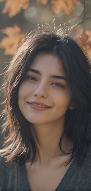 create a beautiful woman , calm mood, perfect lighting, natural colours, long black hair,messy hair, short hairs, 20 years old, natural smile, extremely detailed,photo r3al,aesthetic portrait, medium shot,(fall fashion),(cinematic)