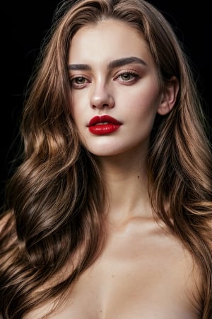 a portrait shot of a beautiful woman with brown eyes, red straight hair, red lips tip, natural light, topless
,Realism,Detailedface, dark, low light, low key, underexposed