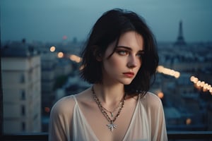 A photoreal portrait of a lonely woman who lost her lover. She has dark hair, pale skin, blue eyes, and tears. She wears a bird necklace. She is in a rooftop apartment in the city, holding a smartphone and looking out the window. She sees skyscrapers that remind her of him. She wants to escape from her pain. The portrait shows her emotions and story , waiting for someone, melancholic, sad, crying the night before, natural colours, long black hair,messy hair, short hairs, 30 year old, natural skin, extremely detailed,photo r3al,aesthetic portrait, wide shot,(cinematic),no teeth, no sun, in a white blouse, ((night)), warm string lights, candle light, chandelier, 35mm, vogue magazine, film, paris