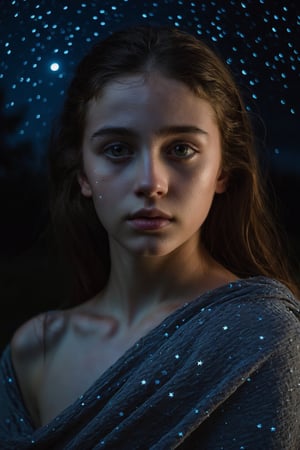 The upper body of a young girl emerges from the darkness of the night, bathed in the soft glow of moonlight. Her features are illuminated by the pale, silvery light, casting a gentle and haunting beauty upon her. The night sky is adorned with a blanket of stars, twinkling with a quiet serenity. The darkness surrounding her adds an air of mystery and intrigue, as if she holds secrets known only to the night. The camera perspective captures her from a slightly tilted angle, capturing the vulnerability and introspection in her gaze. Each detail is meticulously rendered, from the subtle highlights on her skin to the glimmering reflections in her eyes, creating a mesmerizing and evocative visual experience.