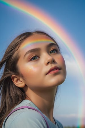 The upper body of a young girl is enveloped in the vibrant hues of a magnificent rainbow, creating a scene of pure joy and wonder. The colors of the rainbow arc gracefully above her, casting a radiant glow upon her face. Her eyes light up with delight as she gazes up at the magical display in the sky. The camera perspective captures her from a slightly tilted angle, emphasizing her awe and excitement. Each detail is meticulously rendered, from the subtle reflections of the rainbow on her skin to the twinkle in her eyes, creating a captivating and immersive visual experience that captures the beauty and magic of this enchanting moment.