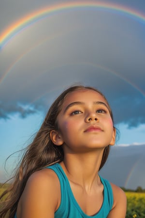 The upper body of a young girl is enveloped in the vibrant hues of a magnificent rainbow, creating a scene of pure joy and wonder. The colors of the rainbow arc gracefully above her, casting a radiant glow upon her face. Her eyes light up with delight as she gazes up at the magical display in the sky. The camera perspective captures her from a slightly tilted angle, emphasizing her awe and excitement. Each detail is meticulously rendered, from the subtle reflections of the rainbow on her skin to the twinkle in her eyes, creating a captivating and immersive visual experience that captures the beauty and magic of this enchanting moment.