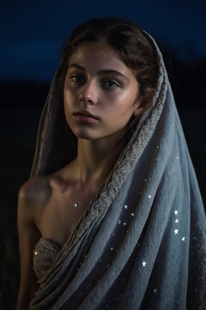 The upper body of a young girl emerges from the darkness of the night, bathed in the soft glow of moonlight. Her features are illuminated by the pale, silvery light, casting a gentle and haunting beauty upon her. The night sky is adorned with a blanket of stars, twinkling with a quiet serenity. The darkness surrounding her adds an air of mystery and intrigue, as if she holds secrets known only to the night. The camera perspective captures her from a slightly tilted angle, capturing the vulnerability and introspection in her gaze. Each detail is meticulously rendered, from the subtle highlights on her skin to the glimmering reflections in her eyes, creating a mesmerizing and evocative visual experience.