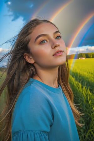 The upper body of a young girl is enveloped in the vibrant hues of a magnificent rainbow, creating a scene of pure joy and wonder. The colors of the rainbow arc gracefully above her, casting a radiant glow upon her face. Her eyes light up with delight as she gazes up at the magical display in the sky. The camera perspective captures her from a slightly tilted angle, emphasizing her awe and excitement. Each detail is meticulously rendered, from the subtle reflections of the rainbow on her skin to the twinkle in her eyes, creating a captivating and immersive visual experience that captures the beauty and magic of this enchanting moment.