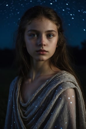 The upper body of a young girl emerges from the darkness of the night, bathed in the soft glow of moonlight. Her features are illuminated by the pale, silvery light, casting a gentle and haunting beauty upon her. The night sky is adorned with a blanket of stars, twinkling with a quiet serenity. The darkness surrounding her adds an air of mystery and intrigue, as if she holds secrets known only to the night. The camera perspective captures her from a slightly tilted angle, capturing the vulnerability and introspection in her gaze. Each detail is meticulously rendered, from the subtle highlights on her skin to the glimmering reflections in her eyes, creating a mesmerizing and evocative visual experience.