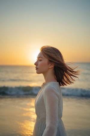 The upper body of a young girl is framed against the breathtaking backdrop of the vast sea. The cool sea breeze gently tousles her hair as she stands at the water's edge, her face illuminated by the warm, golden light of the setting sun. The rhythmic sound of crashing waves and the scent of salt in the air create a serene and tranquil atmosphere. The camera perspective captures her from a low angle, highlighting her sense of wonder and connection to the sea. Every detail is meticulously rendered, from the droplets of water on her skin to the freckles that dot her cheeks, creating a captivating and immersive visual experience that captures the beauty and serenity of the seaside.