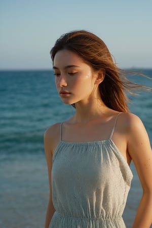 The upper body of a young girl is framed against the breathtaking backdrop of the vast sea. The cool sea breeze gently tousles her hair as she stands at the water's edge, her face illuminated by the warm, golden light of the setting sun. The rhythmic sound of crashing waves and the scent of salt in the air create a serene and tranquil atmosphere. The camera perspective captures her from a low angle, highlighting her sense of wonder and connection to the sea. Every detail is meticulously rendered, from the droplets of water on her skin to the freckles that dot her cheeks, creating a captivating and immersive visual experience that captures the beauty and serenity of the seaside.
