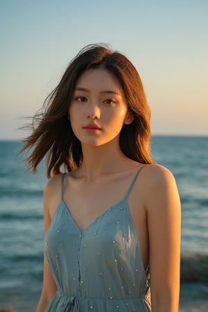 The upper body of a young girl is framed against the breathtaking backdrop of the vast sea. The cool sea breeze gently tousles her hair as she stands at the water's edge, her face illuminated by the warm, golden light of the setting sun. The rhythmic sound of crashing waves and the scent of salt in the air create a serene and tranquil atmosphere. The camera perspective captures her from a low angle, highlighting her sense of wonder and connection to the sea. Every detail is meticulously rendered, from the droplets of water on her skin to the freckles that dot her cheeks, creating a captivating and immersive visual experience that captures the beauty and serenity of the seaside.