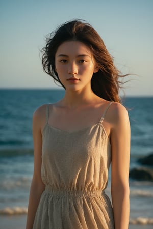 The upper body of a young girl is framed against the breathtaking backdrop of the vast sea. The cool sea breeze gently tousles her hair as she stands at the water's edge, her face illuminated by the warm, golden light of the setting sun. The rhythmic sound of crashing waves and the scent of salt in the air create a serene and tranquil atmosphere. The camera perspective captures her from a low angle, highlighting her sense of wonder and connection to the sea. Every detail is meticulously rendered, from the droplets of water on her skin to the freckles that dot her cheeks, creating a captivating and immersive visual experience that captures the beauty and serenity of the seaside.