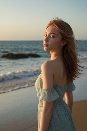 The upper body of a young girl is framed against the breathtaking backdrop of the vast sea. The cool sea breeze gently tousles her hair as she stands at the water's edge, her face illuminated by the warm, golden light of the setting sun. The rhythmic sound of crashing waves and the scent of salt in the air create a serene and tranquil atmosphere. The camera perspective captures her from a low angle, highlighting her sense of wonder and connection to the sea. Every detail is meticulously rendered, from the droplets of water on her skin to the freckles that dot her cheeks, creating a captivating and immersive visual experience that captures the beauty and serenity of the seaside.