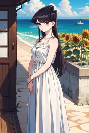 A serene beach scene unfolds as Komi Shouko stands tall, her long black hair flowing in the gentle ocean breeze. Her striking purple eyes gaze directly at the viewer, a blush rising to her cheeks. A yellow sunflower adorns her bangs, and a delicate flower ornaments her hair. She wears a semi-transparent white sundress that showcases her bare shoulders, its sleeveless design framing her curves. The sky above is a brilliant blue, with only a few wispy clouds drifting lazily across it. The warm sunlight casts a golden glow on the scene, highlighting the soft sand beneath Komi's feet as she holds her flowing locks and stands confidently, her closed mouth and subtle smile exuding an air of quiet confidence.