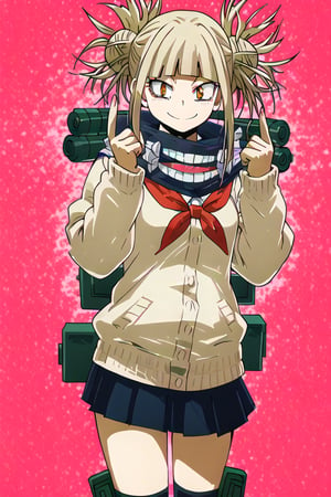 HIMIKO TOGA poses confidently school background, her short blonde hair styled in a messy bun with blunt bangs framing her heart-shaped face. Her bright yellow eyes gleam with sadistic intent as she gazes directly at the viewer with an open-mouthed smile. She wears a serafuku-style school uniform consisting of a blue pleated skirt, knee-high socks, and brown loafers, paired with a red neckerchief and black cardigan. The overall framing is sensual, with her standing figure showcasing her toned legs and emphasizing her revealing outfit.,himiko toga