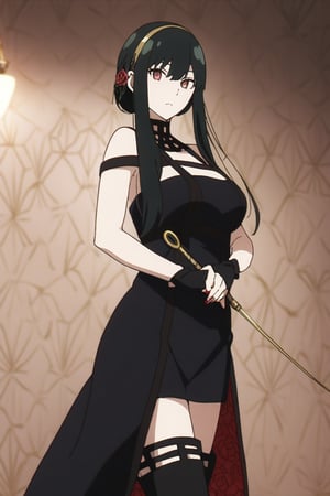 A striking image of a single girl standing confidently, her long black hair flowing down her back like a river of night. Her bangs are swept to the sides, framing her face as she gazes directly at the viewer with piercing red eyes. Her large breasts are showcased under a sleeveless black dress with a floral print, adorned with intricate jewelry and a gold hairband that holds her locks in place. She wears thigh-high boots with high heels, black gloves, and fingerless gloves on her hands. A flower adorns her hair, while she dual-wields a knife and dagger, their blades glinting in the light. The overall atmosphere is one of edgy elegance, capturing the essence of Zettai Ryouiki (absolute territory) with its blend of mystique and power.,bbyorf,Yor Forger
Background of a room with blood stains on the wall, blurred background