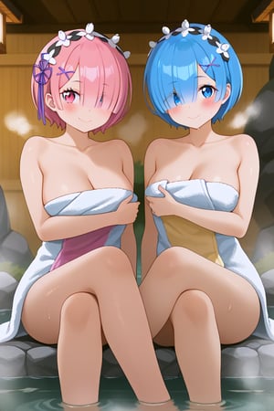 2 girls, first girl, looking at viewer, short hair, blue eyes, hair ornament, headband, blue hair, hair band, hair over one eye, :o, hair ornament x, shy, blushing look, towel, wet body, steam, covering herself with a towel, hot spring, feet in hot spring, distant, girl in background, hot spring, steam, distance from girl and viewer, rem \(re:zero\)
2 girls, second girl, looking at viewer, short hair, puffed cheeks, white flower headband hair ornament, red eyes, pink hair, :d, pink eyes, hair over one eye, hair ornament x, blushing look, towel, wet body, steam, covering herself with a towel, hot spring, feet in hot spring, distant, girl in background, hot spring, steam, distance from girl and viewer ram \(re:zero\)
both girls from back looking at viewer