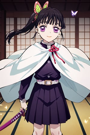 Tsuyuri Kanao stands solo, looking directly at the viewer with an innocent smile. Her black hair is adorned with a butterfly hair ornament and styled in a side ponytail. She wears the demon slayer uniform, complete with a white cape and belt, along with long sleeves and a pleated skirt that falls just above her knees. A katana sheath hangs at her side, its sword sheathed. Her purple eyes sparkle as she gazes innocently at the viewer, her bangs framing her face.