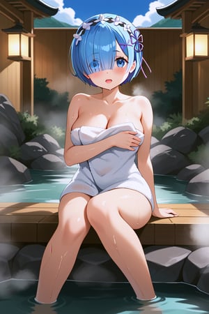 1 girl, alone, looking at viewer, short hair, open mouth, blue eyes, hair ornament, headband, blue hair, hair band, hair over one eye, :o, hair ornament x, shy, blushing eyes, towel, wet body, steam, covering herself with towel, hot springs, feet in hot springs, distant, girl in background, sitting on rocks by the shore, hot springs, steam, distance from girl and viewer, rem \(re:zero\)