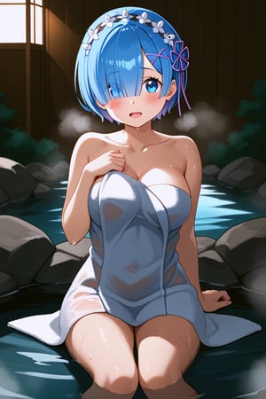 1 girl, alone, looking at viewer, short hair, open mouth, blue eyes, hair ornament, headband, blue hair, hair band, hair over one eye, :o, hair ornament x, shy, blushing eyes, towel, wet body, steam, covering herself with towel, hot springs, feet in hot springs, distant, girl in background, sitting on rocks by the shore, hot springs, steam, distance from girl and viewer, rem \(re:zero\)