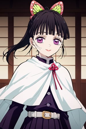 Tsuyuri Kanao stands confidently, her long sleeves and pleated skirt a perfect blend of elegance and utility. Her bangs frame her innocent-looking face, adorned with butterfly hair ornaments that match the purple hue of her eyes. A small smile plays on her lips as she gazes directly at the viewer. She wears the demon slayer uniform, complete with white cape and belt, and holds her katana at her side, its sheath gleaming in the chromatic background. Her black hair is tied back in a sleek ponytail, adding to her striking appearance.